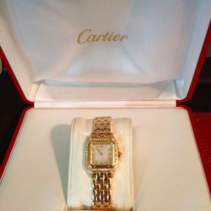 LADIES CARTIER PANTHERE 18K GOLD WITH FACTORY DIAMONDS AND MOTHER OF PEARL DIAL